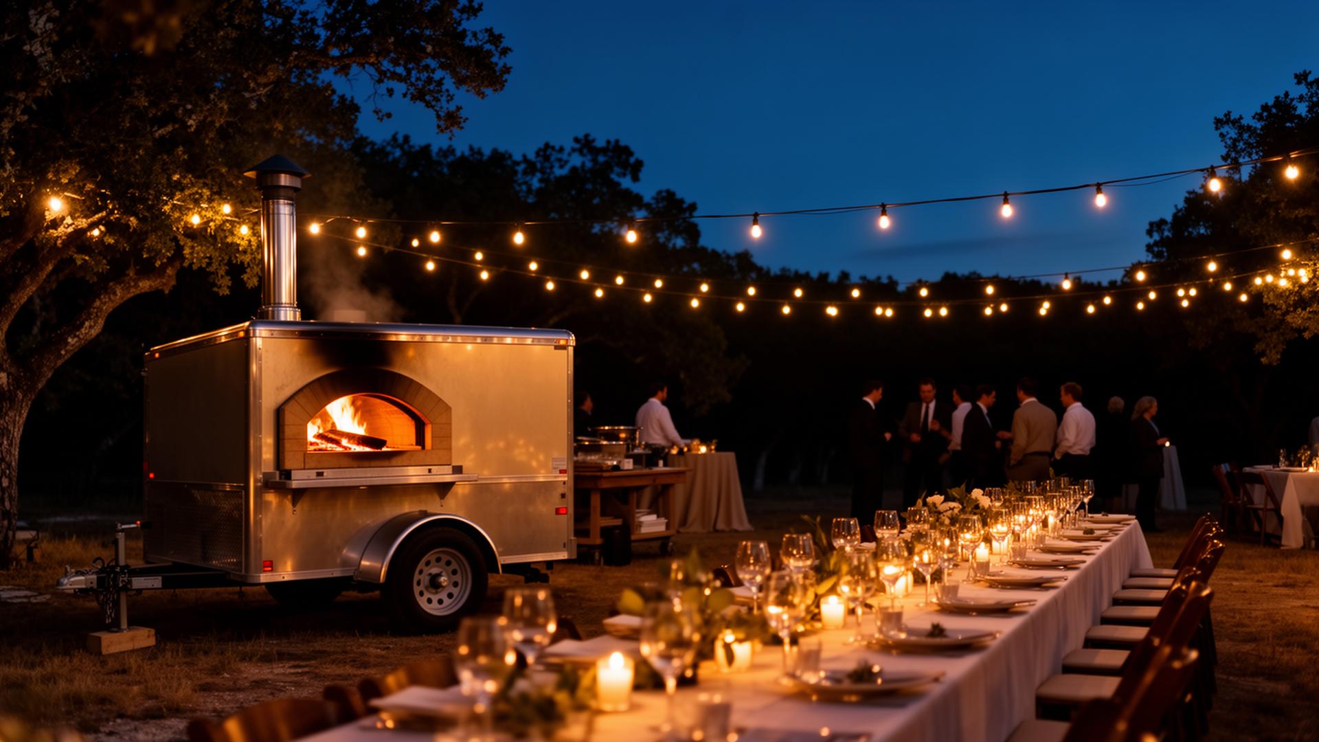 Wood-fired pizza trailer at an outdoor catering event under string lights at dusk