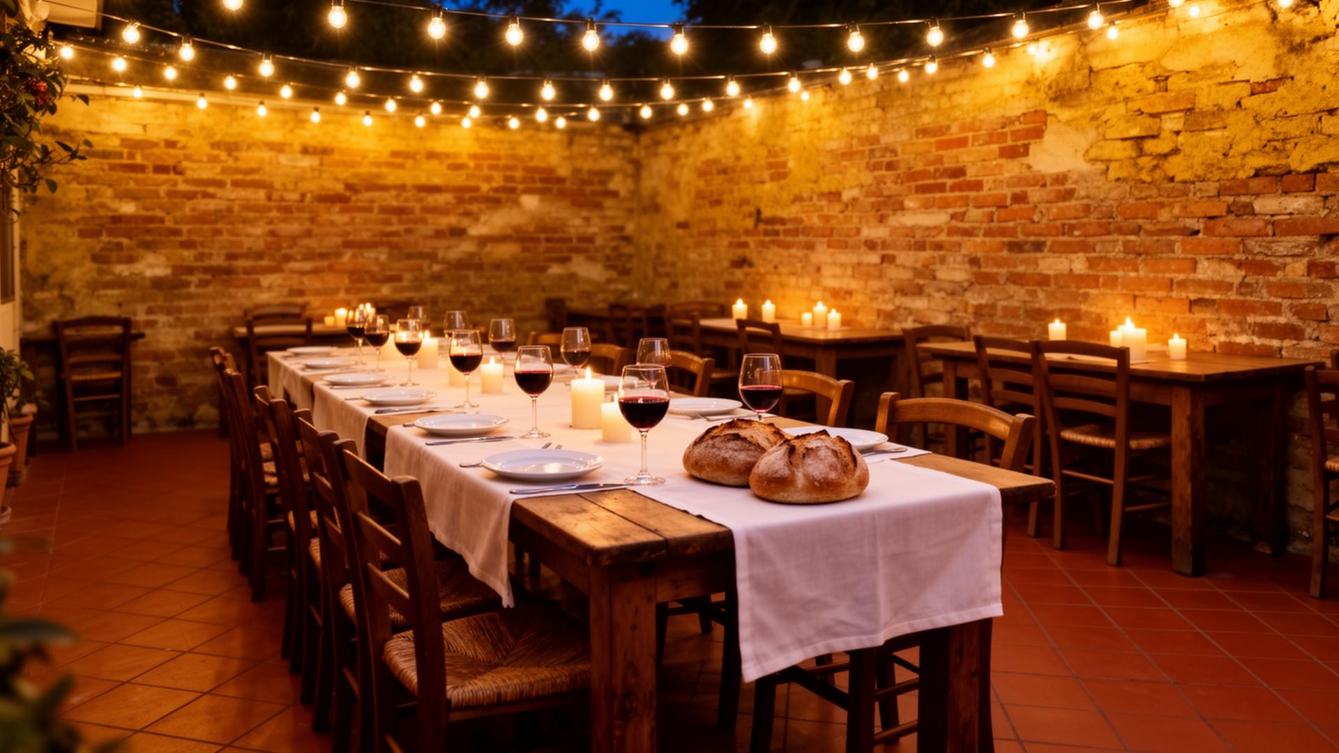 Warm Italian osteria interior at dusk with a long candlelit family table