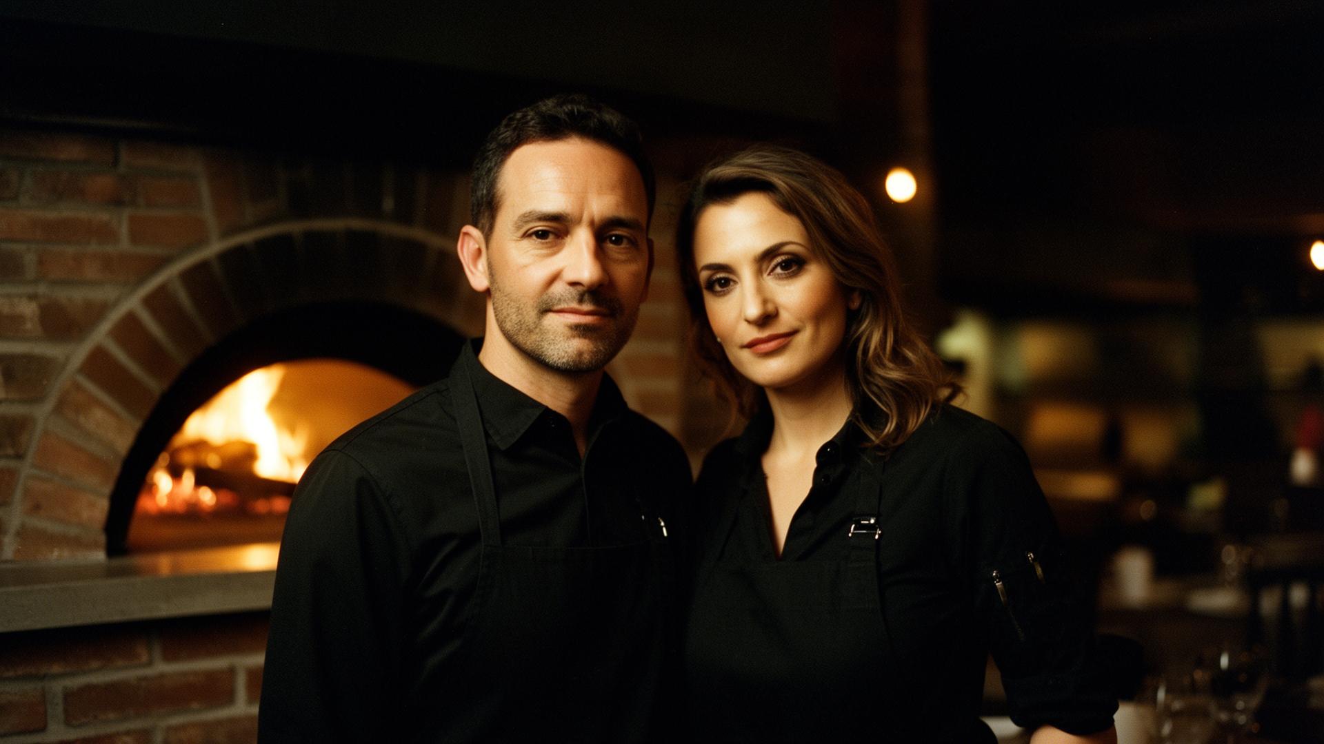 Founders of BAGOLINO al Forno standing beside the wood-fired oven