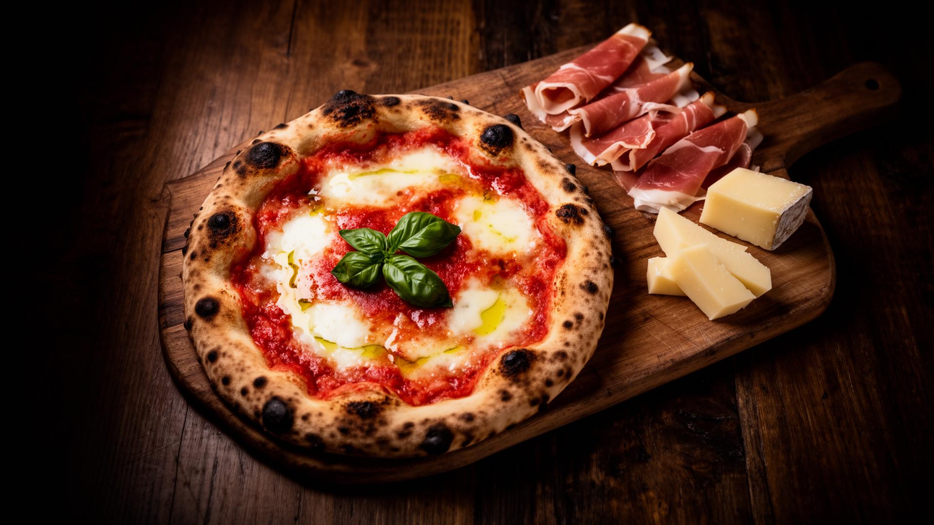 Wood-fired margherita pizza on a wooden board next to sliced Italian salumi and aged cheese, lit by candlelight