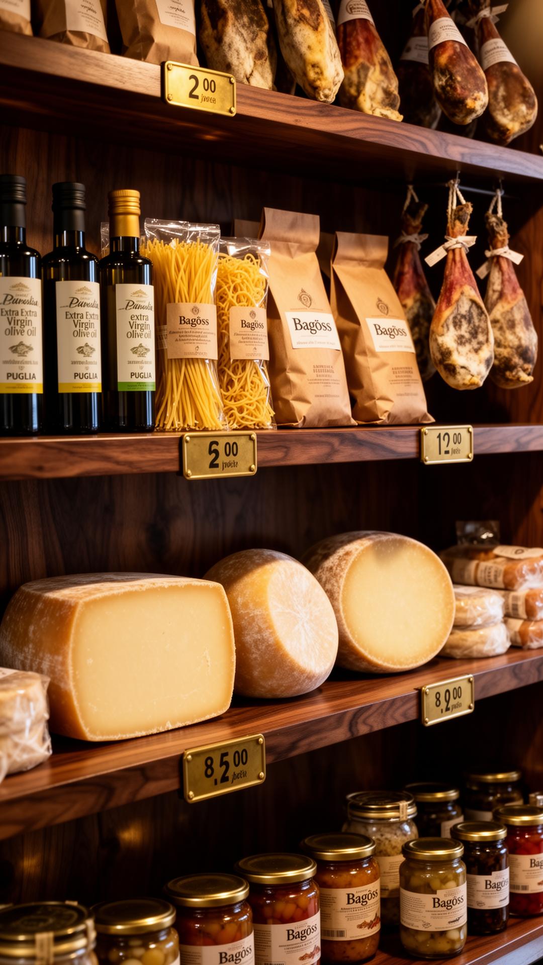 Italian bottega shelves with olive oil, pasta, Bagòss cheese and salumi