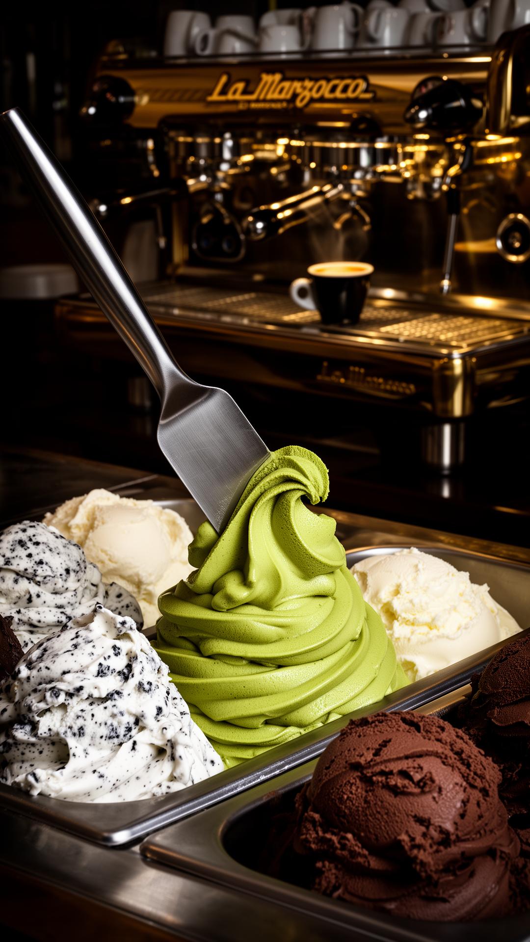 Artisan Italian gelato pistacchio swirl with La Marzocco espresso machine