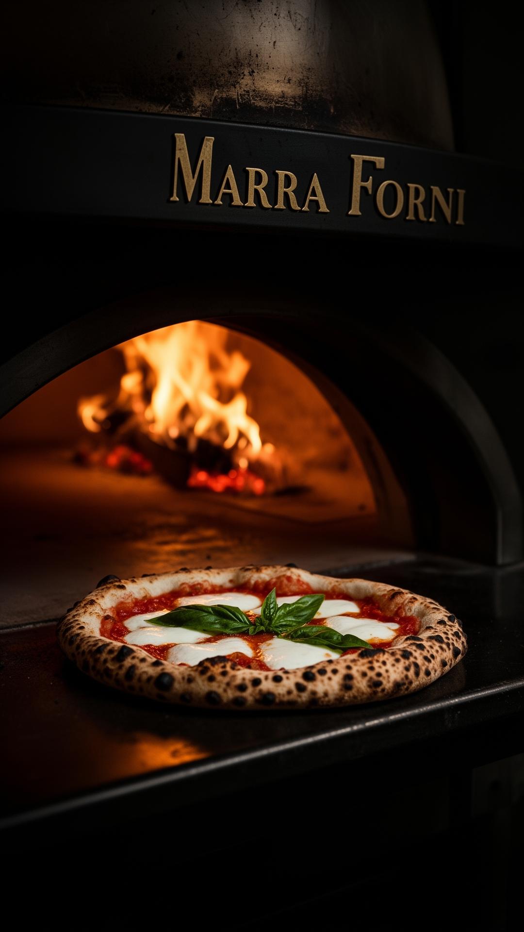 Wood-fired Neapolitan pizza emerging from a Marra Forni oven at 430°C