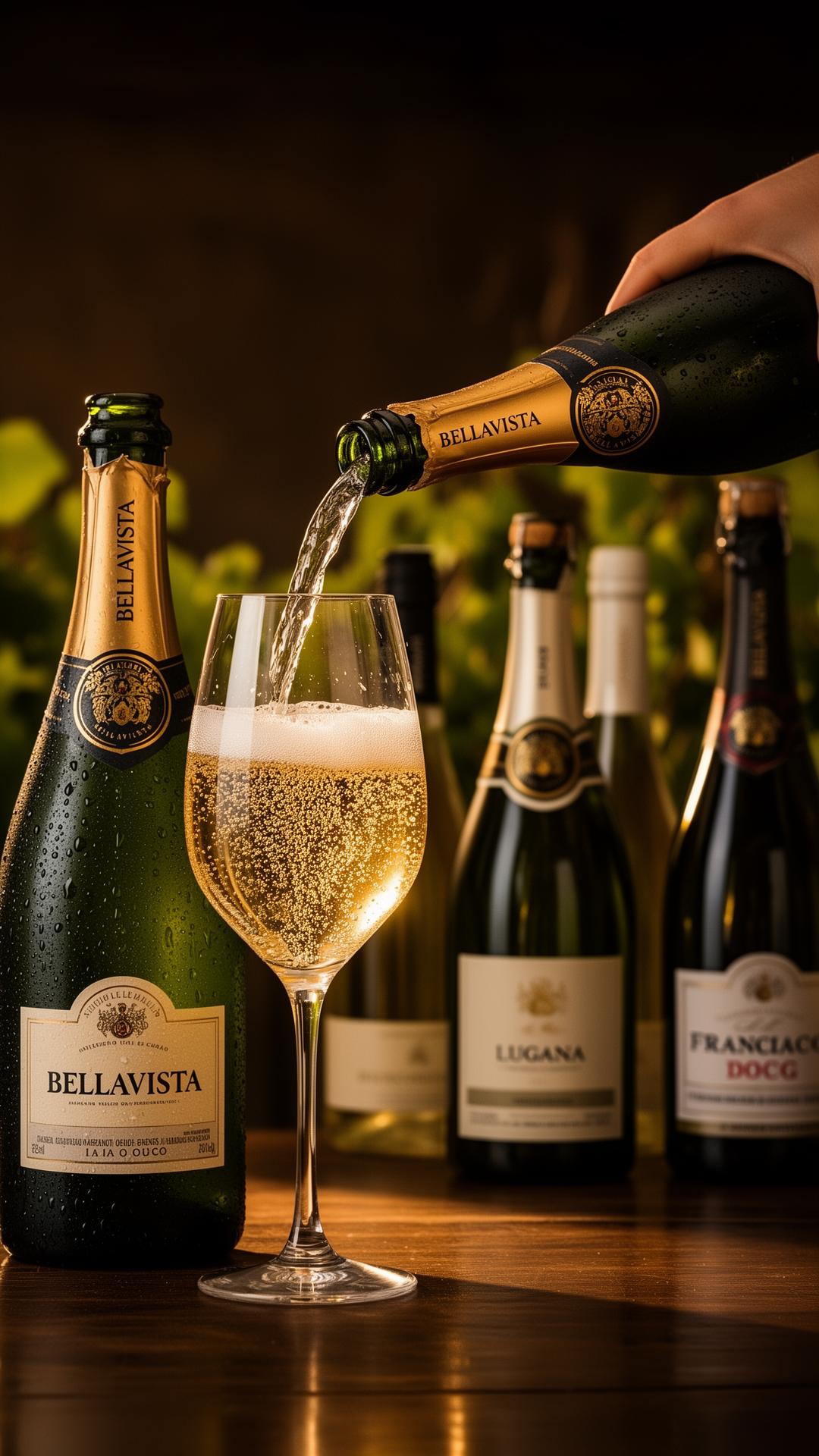 Franciacorta sparkling wine pouring into a glass with Lugana bottles