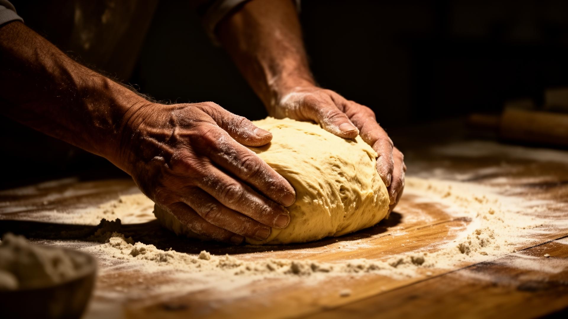 Italian artisan hands kneading fresh bread dough on a flour-dusted wooden table
